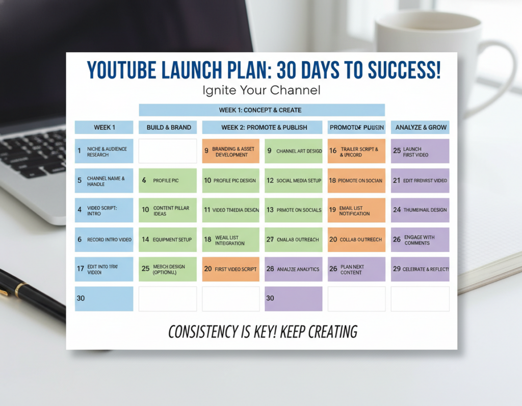 30-day YouTube action plan calendar for new creators