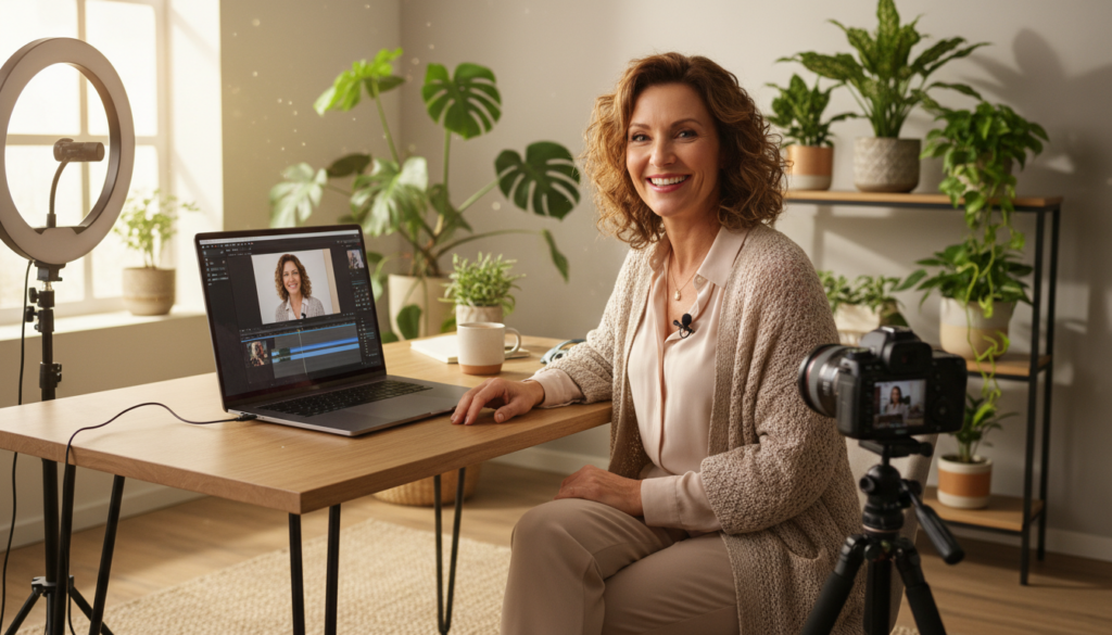AI video creation for beginners over 40 showing mature adult creating video content at home office