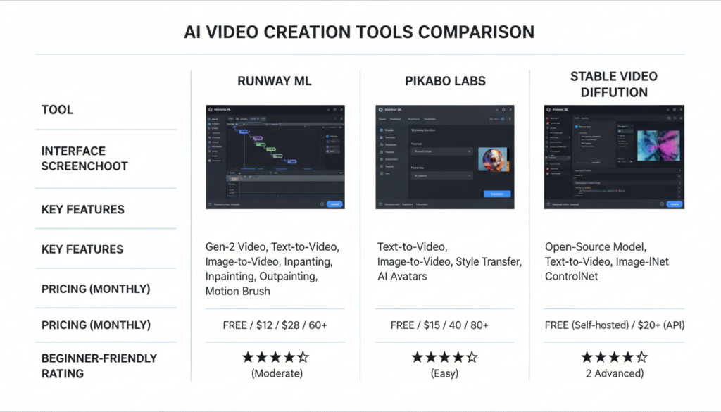 comparison of popular AI video creation tools for beginners