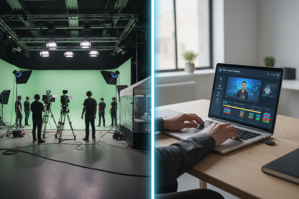 comparison showing traditional video production versus AI video creation tools