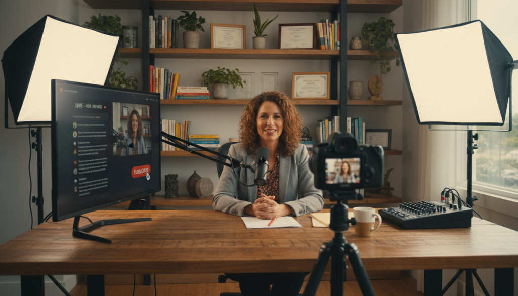 confident mature creator filming YouTube content