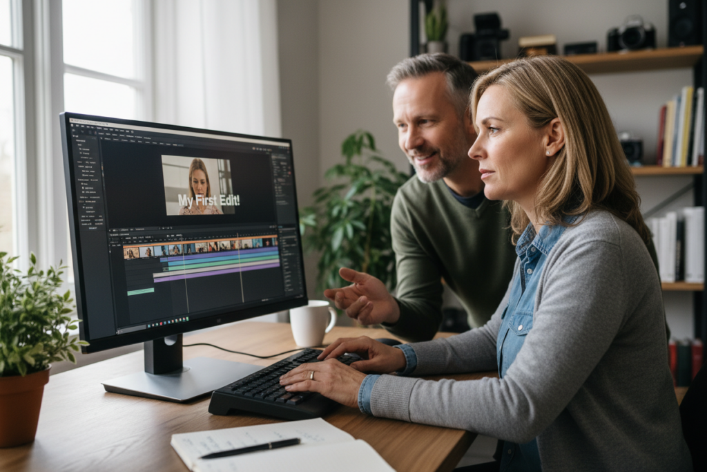 mature adult overcoming technology challenges while learning video creation