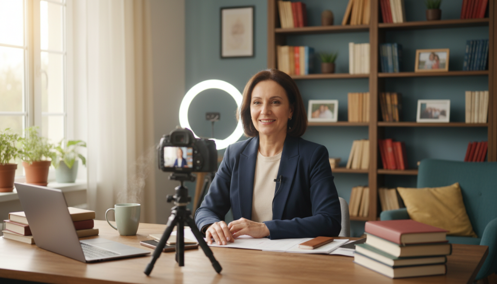 mature professional recording authentic video content at home