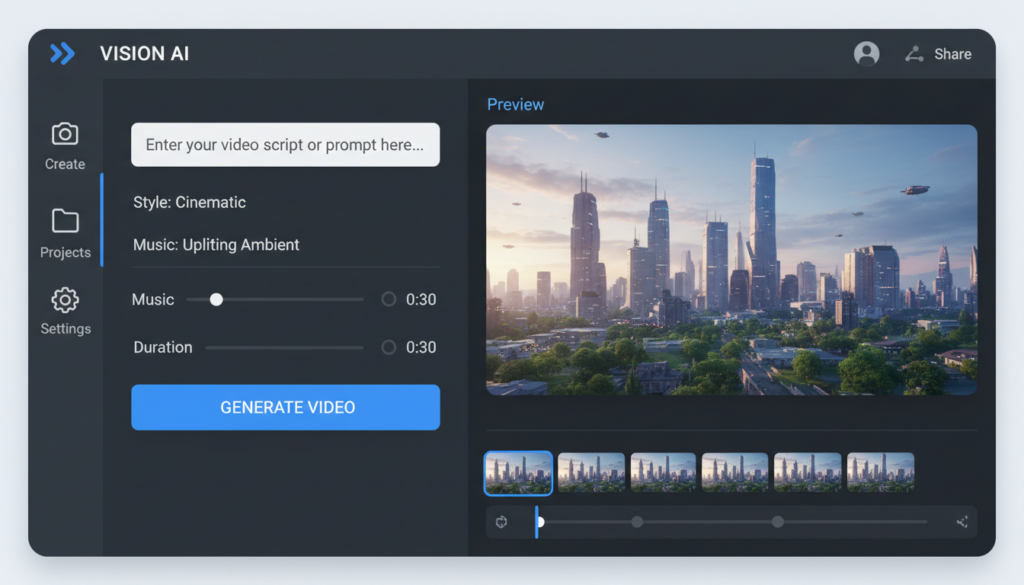 screen display showing AI video creation tool interface with simple controls