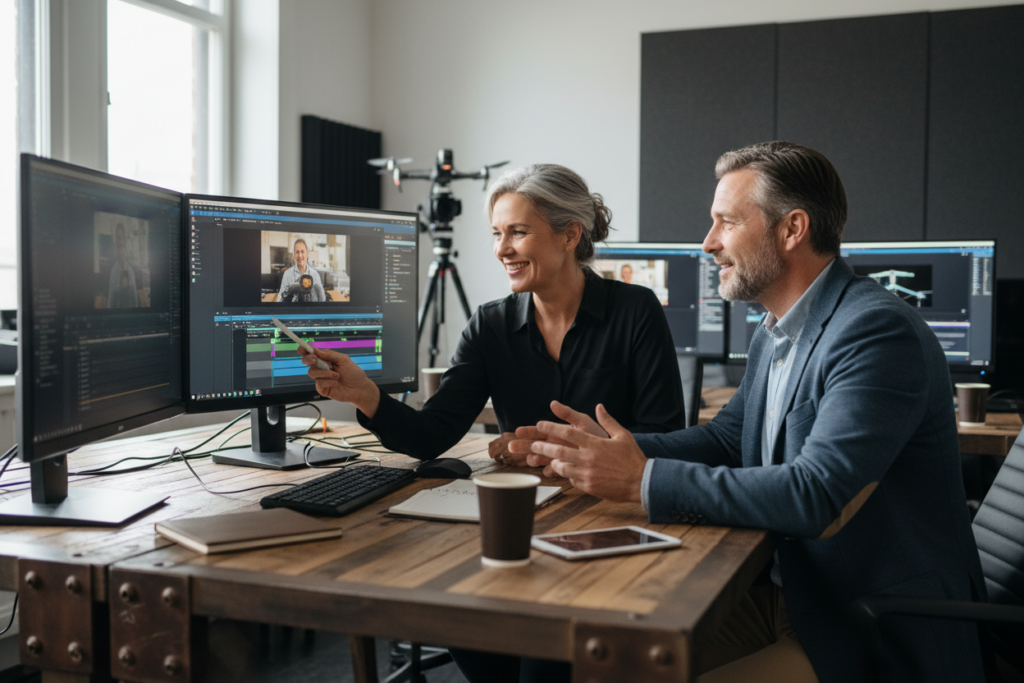two professionals collaborating on video content creation
